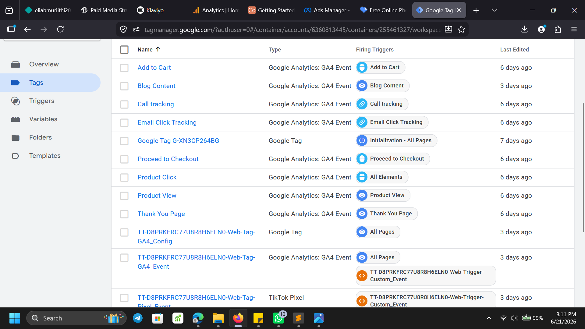 GTM container — tags overview