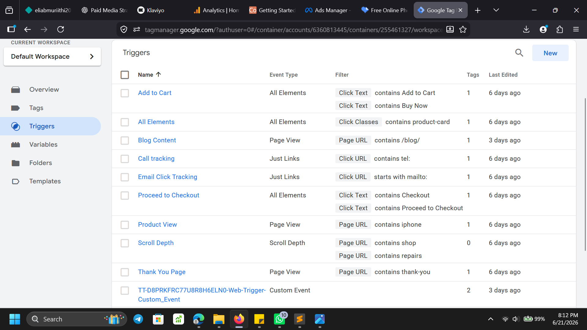 GTM container — tags overview