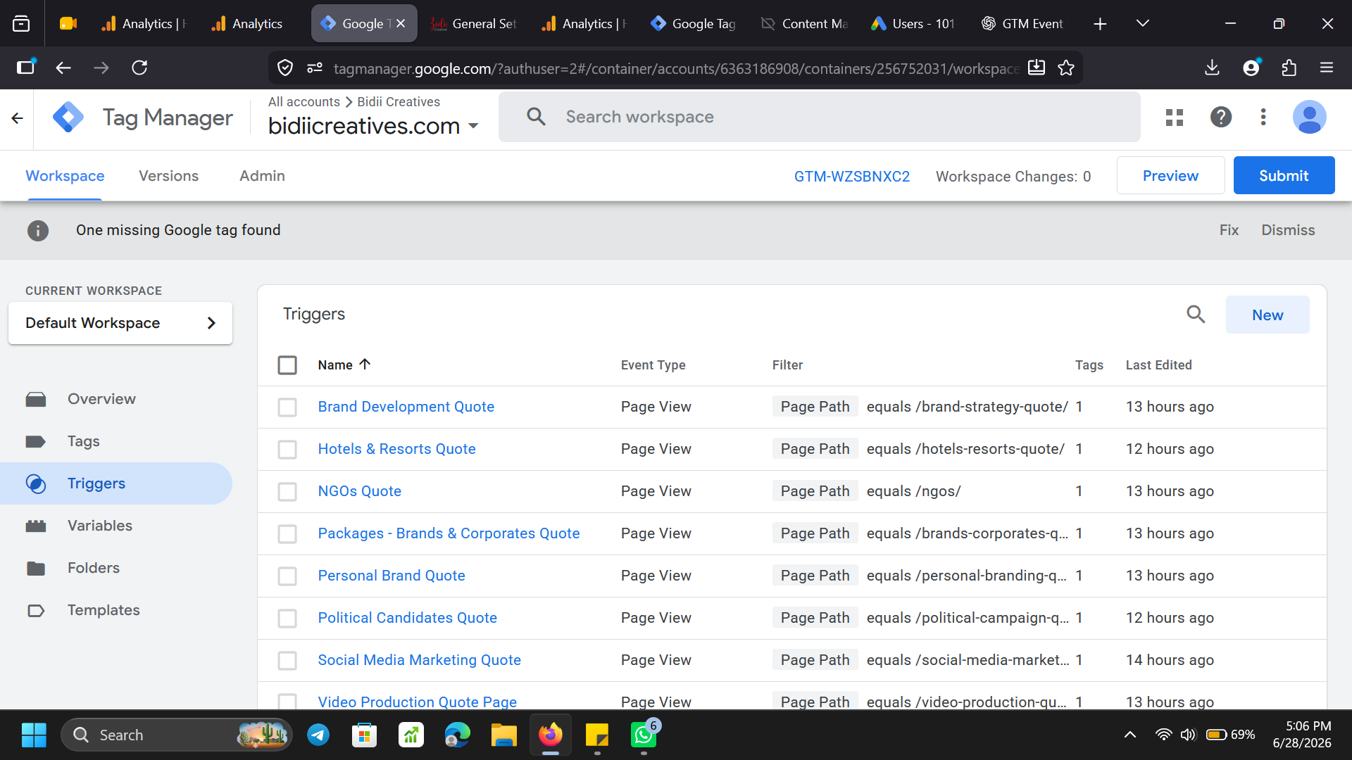 GTM container — tags overview