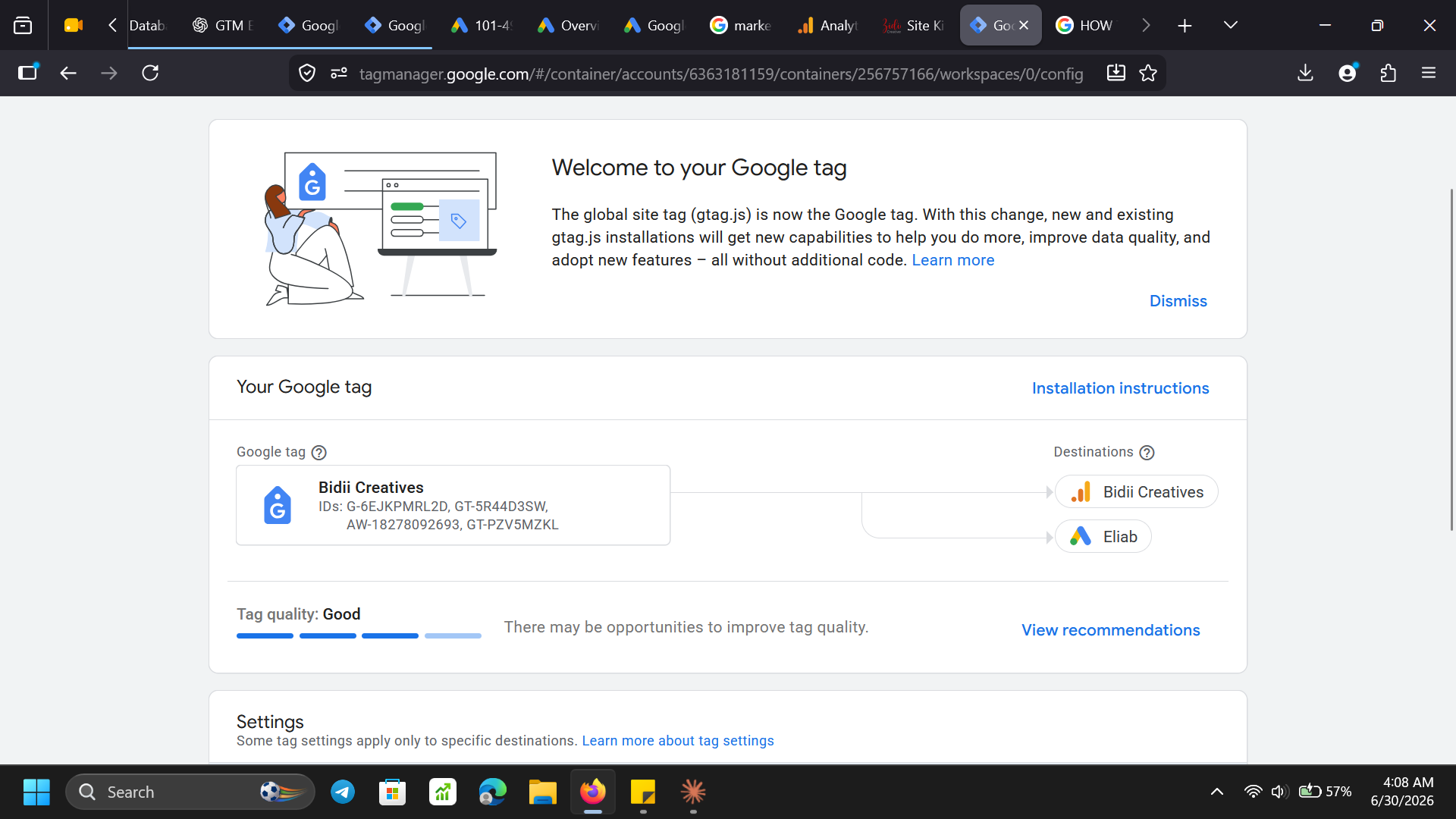 GTM container — variables and data layer