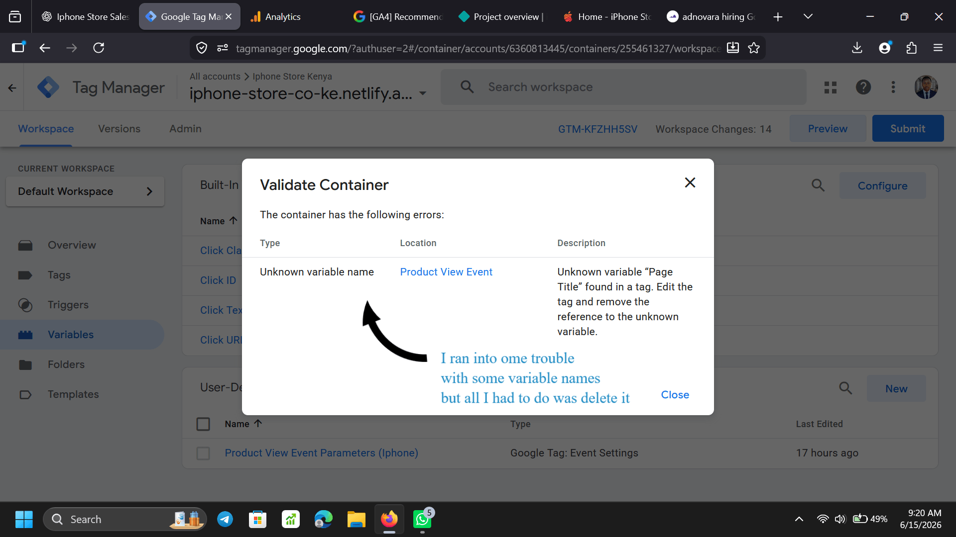 GTM container — tags overview