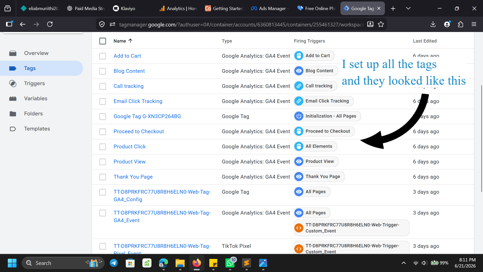 GTM container — tags overview