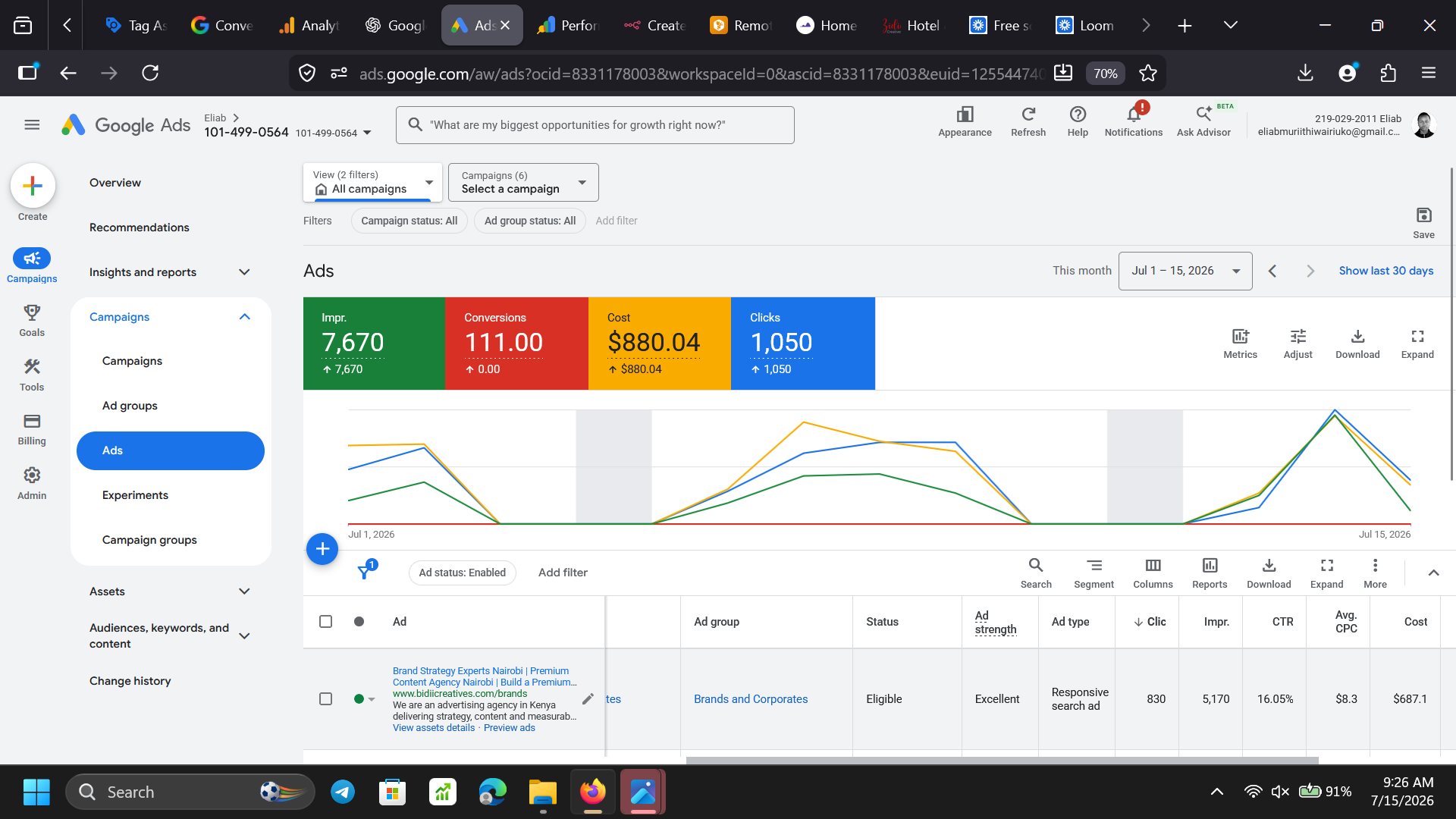 Google Ads dashboard — campaign overview