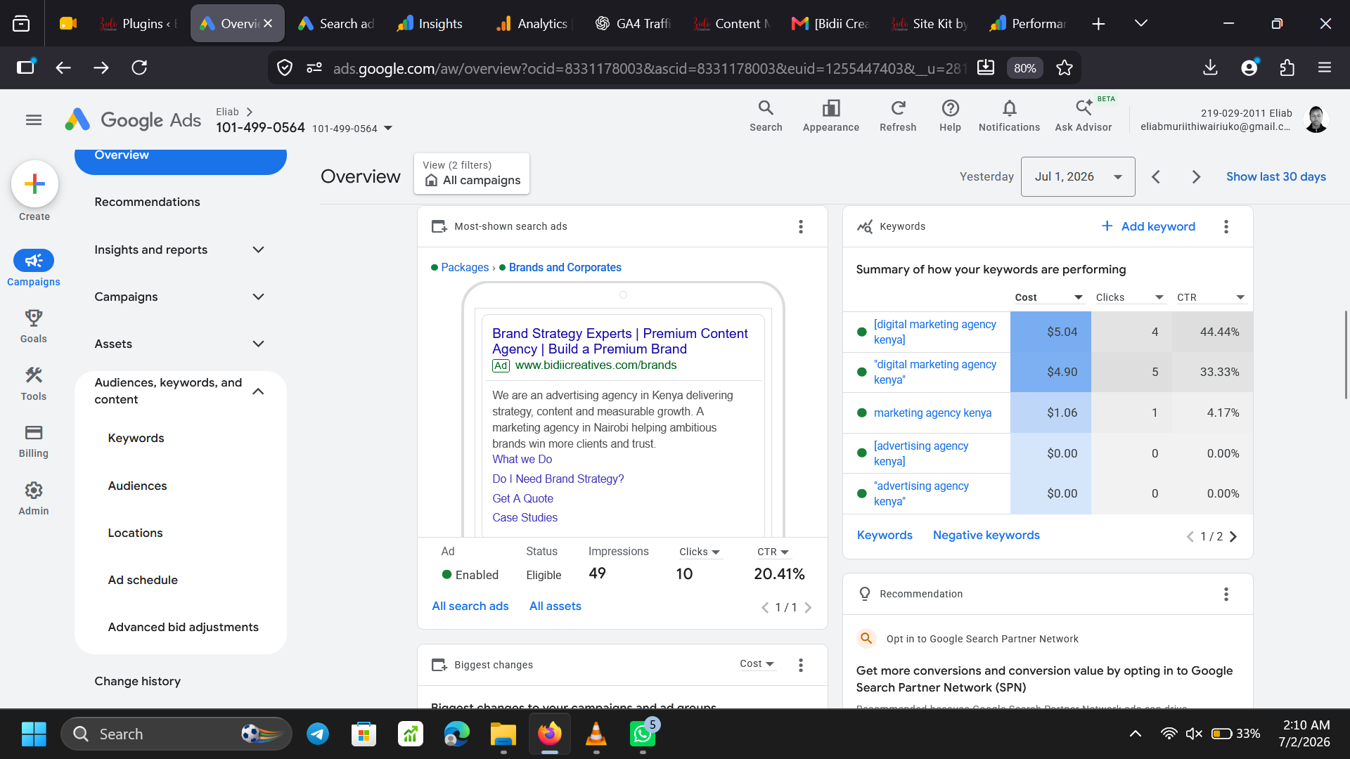 Google Ads dashboard — campaign overview